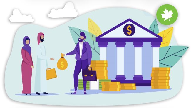 Demystifying Halal Mortgages website copy Illustration of Muslim couple working with business man at bank