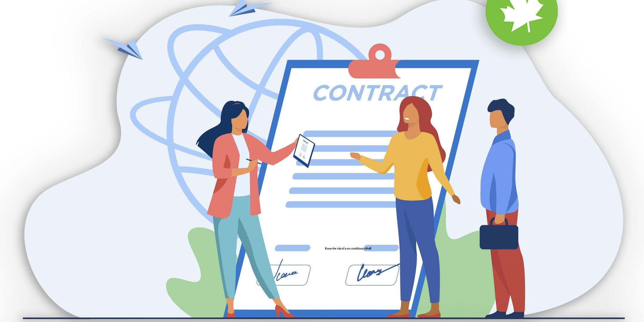Contract signing with three people illustration