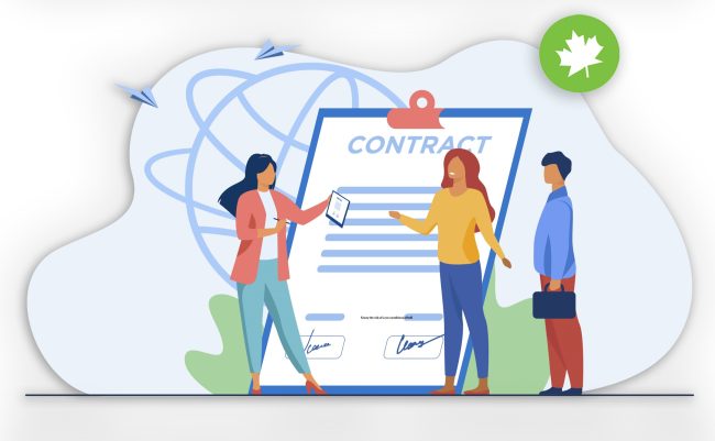 Contract signing with three people illustration