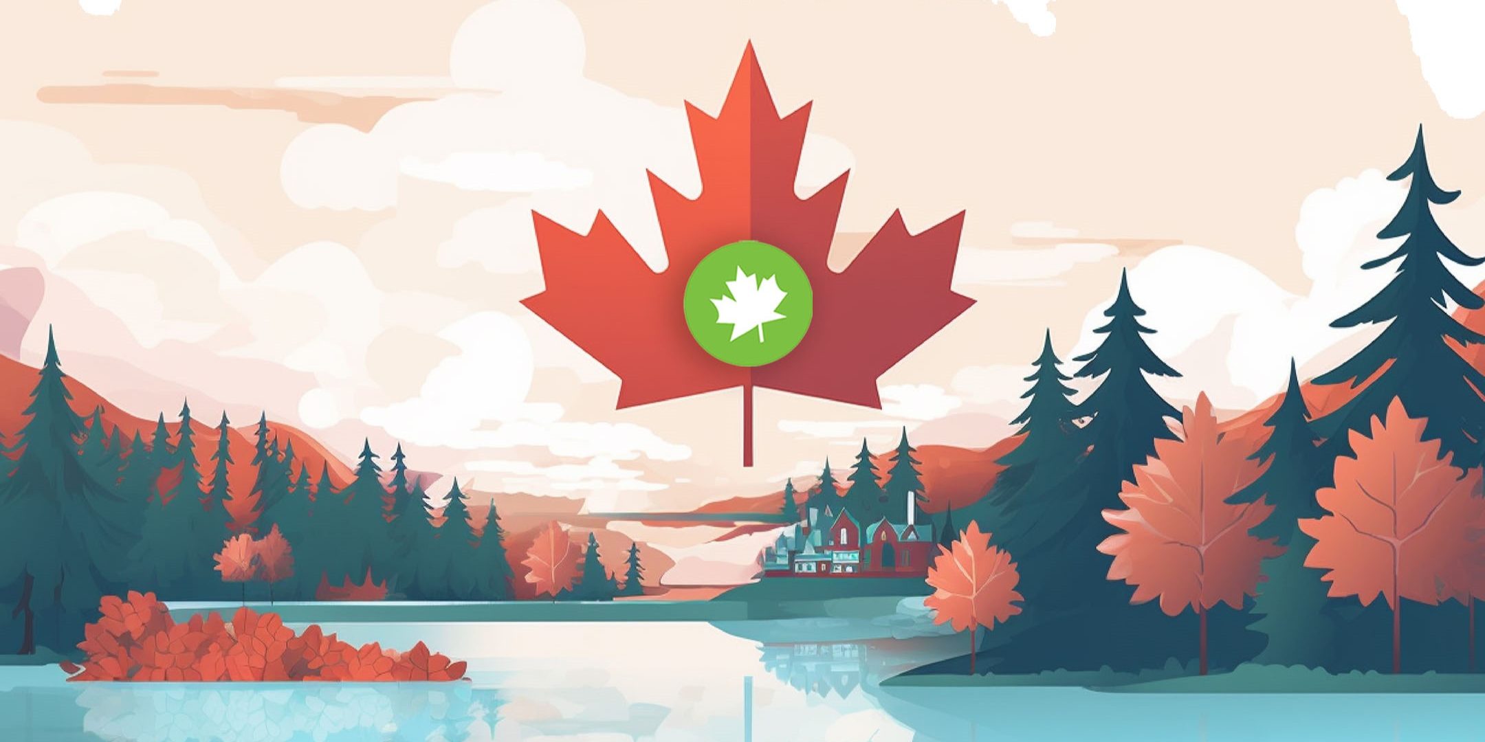 Illustration of Canadian Landscape With Maple Leaf Floating in the clouds