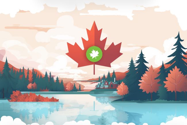 Illustration of Canadian Landscape With Maple Leaf Floating in the clouds