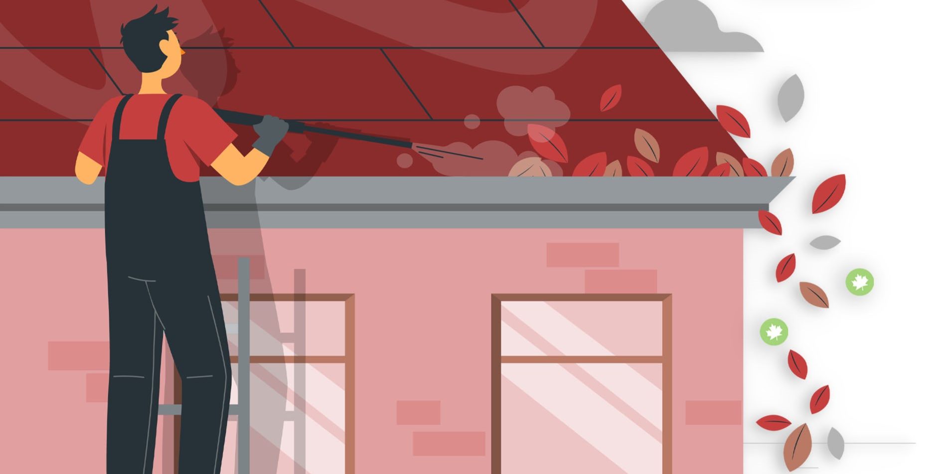 Person Clearing House Gutters with leafblower