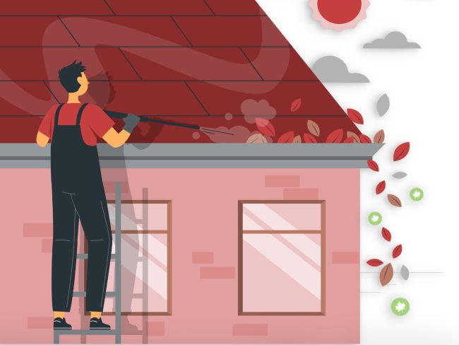 Person Clearing House Gutters with leafblower