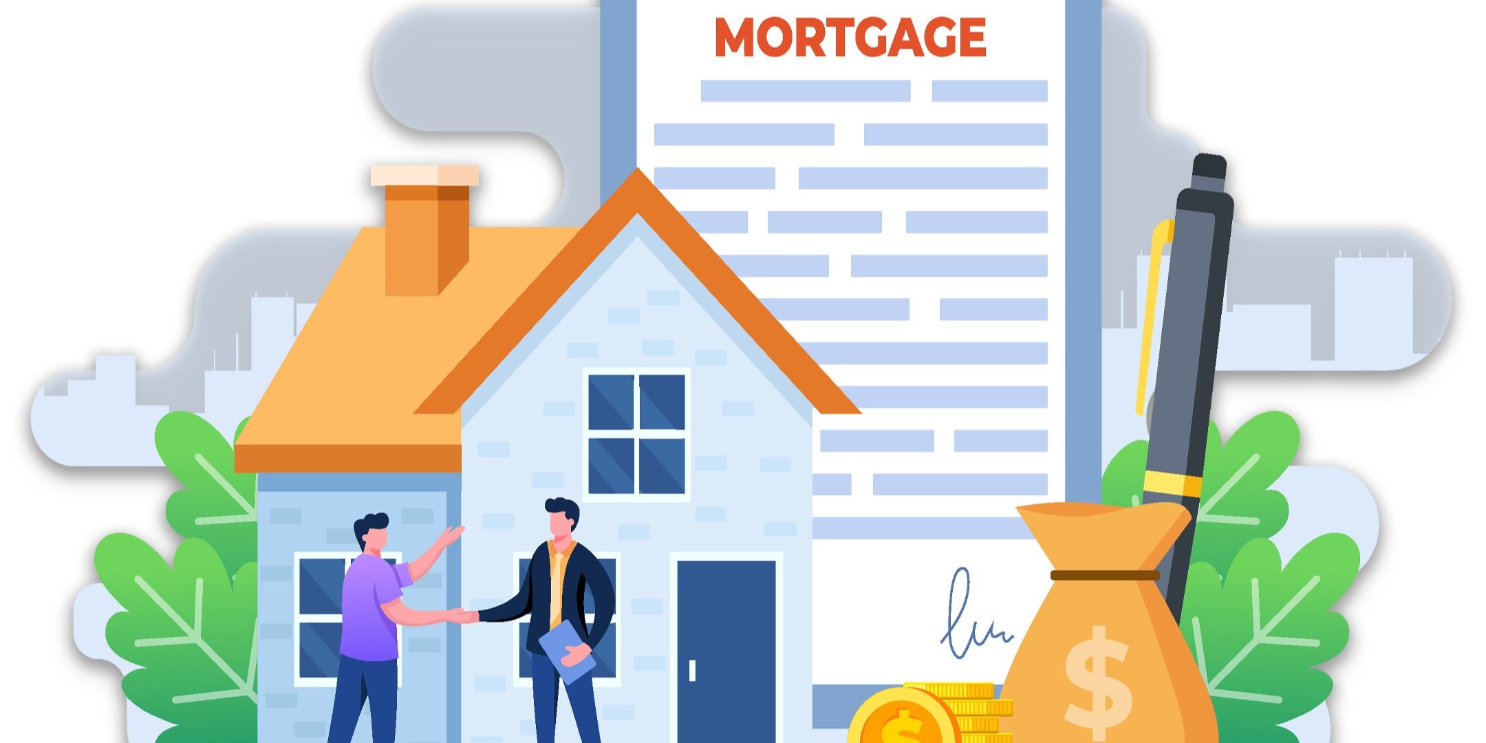 Bank VS Broker copy website Illustration of mortgage broker, two people shaking hands