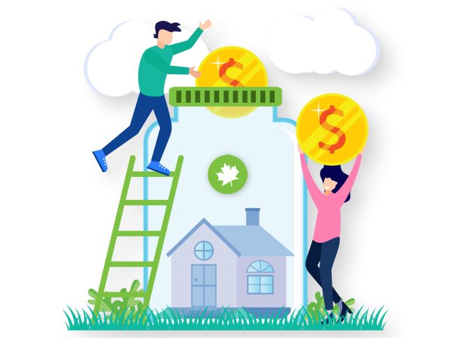 Two people putting money into a jar