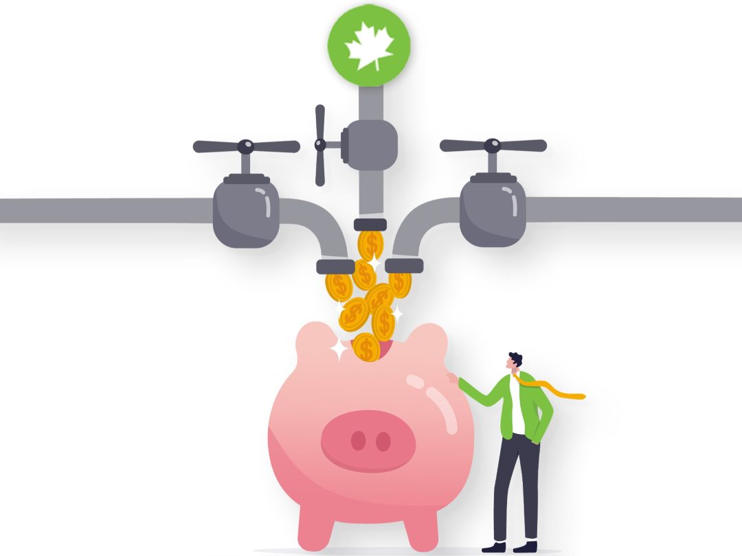 Multiple money taps running into one piggybank to show multiple income streams