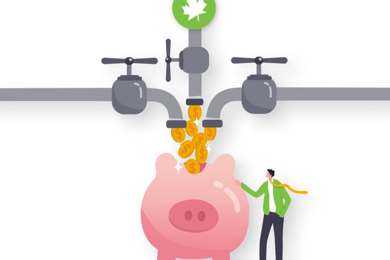 Multiple money taps running into one piggybank to show multiple income streams